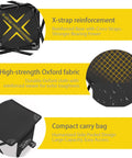 Heavy Duty Folding Camping Stool and Footrest Set features X-strap reinforcement, high-strength Oxford fabric, and compact carry bag.