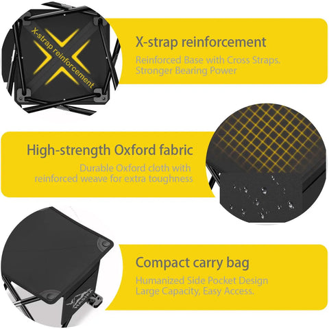 Heavy Duty Folding Camping Stool and Footrest Set features X-strap reinforcement, high-strength Oxford fabric, and compact carry bag.