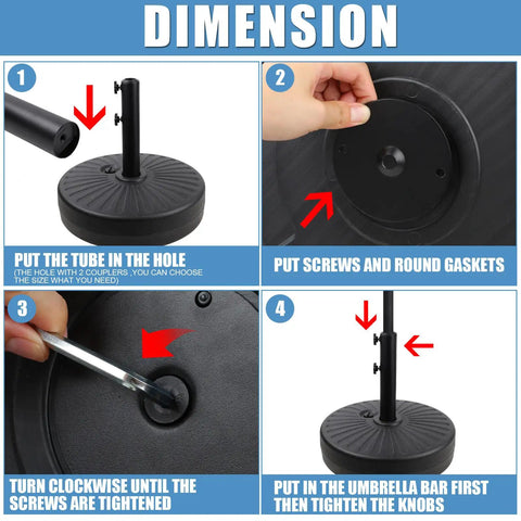 Installation steps for Heavy Duty Outdoor Umbrella Base Stand With Water Or Sand Fill 50 Lb Weight Capacity 20 Inch Black Base