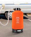 Portable 16,000 Grain RV Water Softener with three quarter inch brass fittings and forty two inch hose in front of an RV.