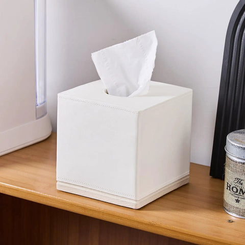 Hand Carved Beige Leather Cube Tissue Box Holder With Square Resin Cover Five Point Five Inch Built To Last Heavy Duty Luxury Tissue Box Case