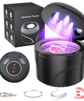 Premium Ultrasonic Retainer Cleaner Machine, 45KHz Dental Pod with light, cleaning dentures and rings in sleek black design.