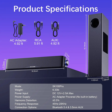 2.1 Computer Speaker System With Subwoofer, Bluetooth 5.4 And 3.5mm Aux In, AC powered sound bar with specifications list