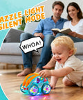 Toddler plays with Transparent 360 Degree Light Up Music Stunt Car For Autism Sensory Play, colorful lights visible
