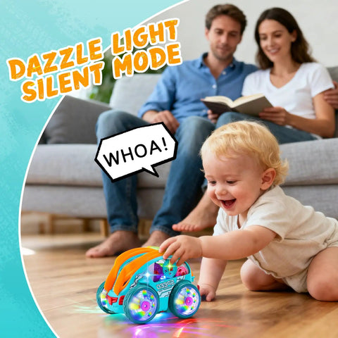 Toddler plays with Transparent 360 Degree Light Up Music Stunt Car For Autism Sensory Play, colorful lights visible