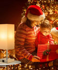 Family by Christmas tree with Set Of Two Touch Nightstand Lamps With USB C And USB A Ports AC Outlets Three Way Dimmable Bedside Lamps