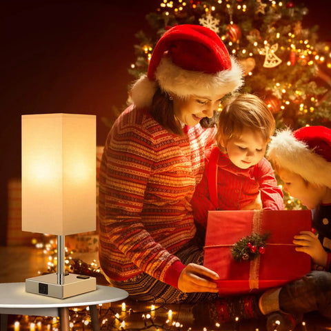 Family by Christmas tree with Set Of Two Touch Nightstand Lamps With USB C And USB A Ports AC Outlets Three Way Dimmable Bedside Lamps