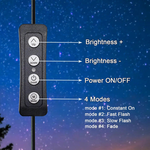 Remote control for 16.5 By 9 Inch Horizontal LED Open Sign For Biz with buttons for brightness and modes against starry sky