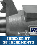 Multi-Purpose Bench Vise With 6-1/2 Inch Jaw Width And 6-1/4 Inch Opening, 3-1/4 Inch Throat, 360 Degree Rotating Head, Indexed At 30 Degree Increments, Replaceable Hardened Steel Jaws, Built-In Anvil, Serrated Jaws For Secure Grip, indexed head close-up