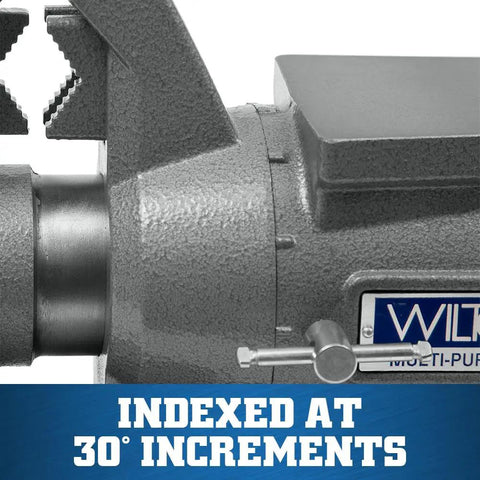 Multi-Purpose Bench Vise With 6-1/2 Inch Jaw Width And 6-1/4 Inch Opening, 3-1/4 Inch Throat, 360 Degree Rotating Head, Indexed At 30 Degree Increments, Replaceable Hardened Steel Jaws, Built-In Anvil, Serrated Jaws For Secure Grip, indexed head close-up