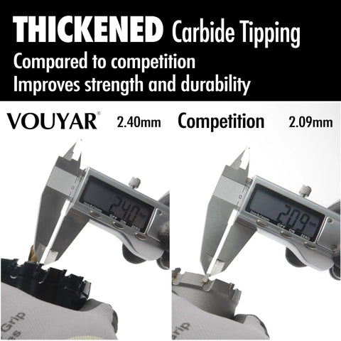 Comparison of Vouyar 2.40mm and competition 2.09mm thick carbide tipping on Heavy Duty 1 Inch Tungsten Carbide Tipped Hole Saw Drill Bit For Hard Metal And Sheet Metal Cutting 25.4mm Cutter For Stainless Steel Iron Wood Plastic Brass Copper With Pilot Bit Arbor And Allen Key Vouyar