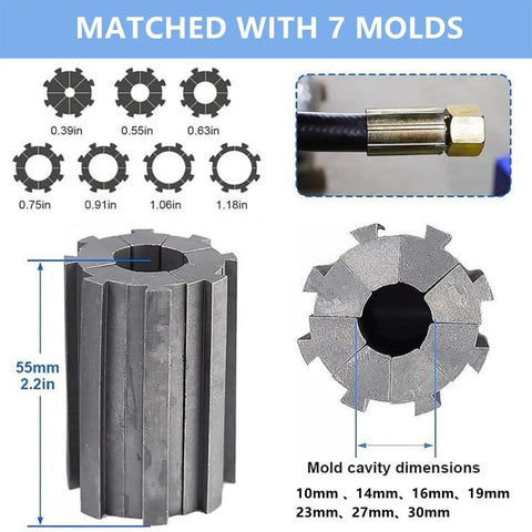Heavy Duty Manual Hydraulic Hose Crimper With Seven Precision Dies And Built In Pressure Gauge showing seven mold dimensions for hoses.