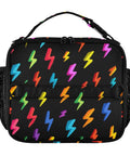 Unisex Insulated Lunch Bag With Shoulder Straps, Cool Portable Cooler Tote For Work, School, Travel And Kids, Keeps Meals Fresh With Premium Aluminum Lining, Ample Main Compartment And Side Pockets. Black lunch bag with colorful lightning print, front view.
