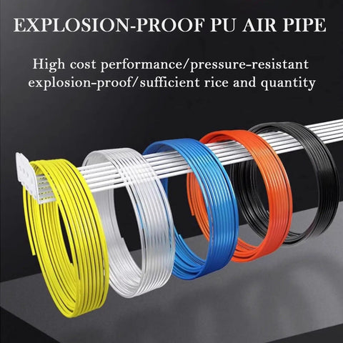 Heavy Duty Polyurethane Air Hose, 328 Feet Of Flexible Pneumatic Tubing, colorful explosion-proof air pipes on display.
