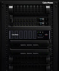 Front view of Smart App Sinewave UPS Battery Backup and Surge Protector installed in server rack, 1500VA 1500W, cloud monitoring enabled.