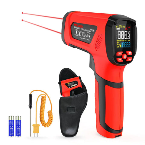 Pro Grade Infrared Thermometer Gun Non Contact Laser Temperature Reader Reads -40F To 3632F With 50 To 1 Distance Ratio Color LCD Display High Temp Pyrometer For Industrial HVAC Forge Metal Smelting And DIY Projects showing dual lasers and components