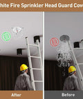 Image comparing White Fire Sprinkler Head Guard Covers; installed on ceiling (after) and leaking (before). Uses: protection for fittings.