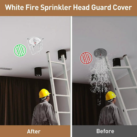 Image comparing White Fire Sprinkler Head Guard Covers; installed on ceiling (after) and leaking (before). Uses: protection for fittings.