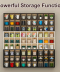 Sleek 9 Grid Wall Mounted Coffee Mug Display Rack, Solid Wooden Curio Shadow Box Shelf with nine mugs and tea canisters.