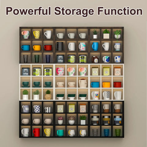 Sleek 9 Grid Wall Mounted Coffee Mug Display Rack, Solid Wooden Curio Shadow Box Shelf with nine mugs and tea canisters.
