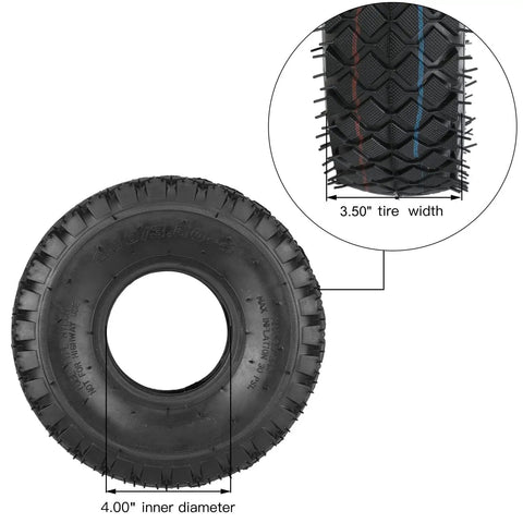 2 Pack 4.10/3.50-4 Tire Inner Tubes With Bent Valve Stem For Lawn Mowers showing tire diameter and width details