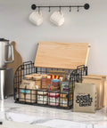 Keep Your Counters Tight With This Solid Stackable Wire Basket Set Designed To Sweep Up Kitchen Clutter While Offering Plenty Of Room For Sorting Fresh Produce Spices And Snacks. Black wire basket with bamboo top, organized with snacks and jars. 13x9x8.6in.
