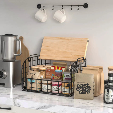 Keep Your Counters Tight With This Solid Stackable Wire Basket Set Designed To Sweep Up Kitchen Clutter While Offering Plenty Of Room For Sorting Fresh Produce Spices And Snacks. Black wire basket with bamboo top, organized with snacks and jars. 13x9x8.6in.