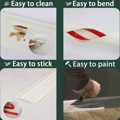 Upgraded Hardened Baseboard Trim Peel And Stick Self Adhesive Vinyl Wall Base shown being easy to clean, bend, stick, and paint