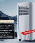 Portable Air Conditioner And Evaporative Swamp Cooler With Remote And 24 Hour Timer Featuring One Liter Tank And Ultra Quiet Design Perfect As Cooling Fan Plus Humidifier For Windowless Bedrooms And Garages To Kick Back And Stay Super Chill, showing 2500W single cooling unit with wheels.