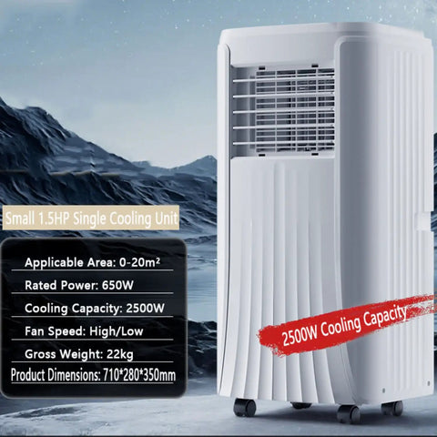 Portable Air Conditioner And Evaporative Swamp Cooler With Remote And 24 Hour Timer Featuring One Liter Tank And Ultra Quiet Design Perfect As Cooling Fan Plus Humidifier For Windowless Bedrooms And Garages To Kick Back And Stay Super Chill, showing 2500W single cooling unit with wheels.