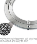Heavy Duty Eight Inch Lazy Susan Bearing With Smooth As Butter Silent Swivel For Kitchen Cabinets and Turntables showing stainless steel ball bearings.