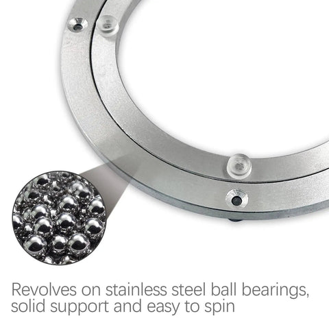Heavy Duty Eight Inch Lazy Susan Bearing With Smooth As Butter Silent Swivel For Kitchen Cabinets and Turntables showing stainless steel ball bearings.
