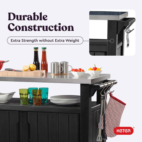 Unity XL Portable Outdoor Table With Stainless Steel Top For Kitchen Prep And Outdoor Storage Cabinet For Grillin Accessories In Dark Grey With 78 Gallon Total Storage And Durable All Weather Resin Build
