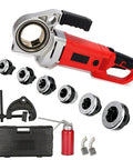 Built Tough 2300W Electric Pipe Threading Machine With Six Rugged Carbon Steel Dies and accessories laid out for plumbing use.
