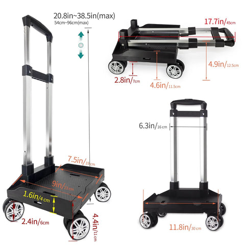 Foldable Aluminium Alloy Wheeled Backpack Trolley With Edge Guard Base, dimensions labeled, showing four spinner wheels and collapsible frame.