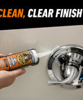Gorilla 100% silicone sealant, 10 oz cartridge, clear; applying to a chrome bathroom faucet.