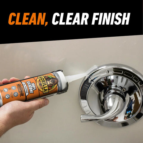 Gorilla 100% silicone sealant, 10 oz cartridge, clear; applying to a chrome bathroom faucet.