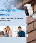 Wireless Outdoor Security Camera 1080P HD Battery Powered mounted on brick wall with remote viewing by two users on devices.