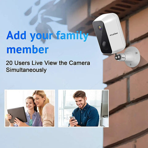 Wireless Outdoor Security Camera 1080P HD Battery Powered mounted on brick wall with remote viewing by two users on devices.