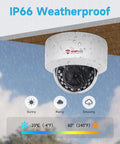 5MP PoE IP Dome Camera with Built-In Audio, IP66 Weatherproof, under eaves in rain, suitable for outdoor surveillance.
