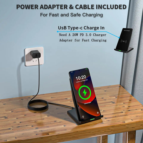 Blazing Fast 15W Wireless Charger Stand With 20W USB C Adapter on wooden desk charging smartphone