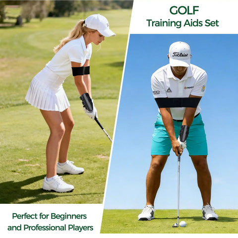 Golfers using 2 In 1 Golf Swing Trainer Set With Wrist Trainer And Arm Band To Fix Wrist Angle, Build Muscle Memory, And Posture