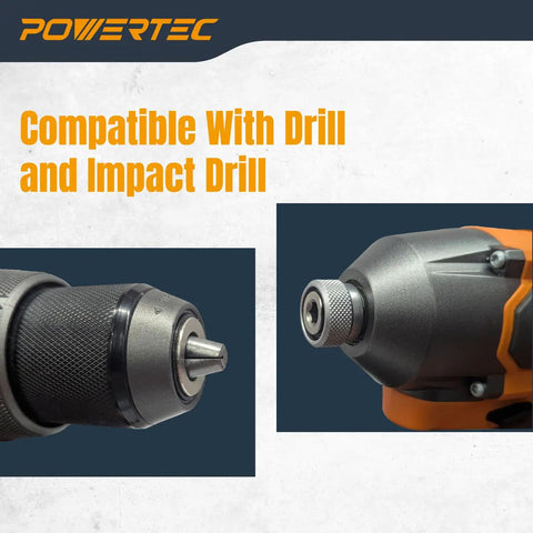 Powertec drill and impact drill compatibility showcasing a quarter inch hex chuck for Badass Grip T15 Torx Driver Bits.