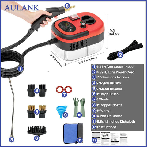 Heavy Duty Handheld Steam Cleaner With 14 Piece Accessory Kit and Six Speed Options, showcasing steam hose, nozzles and accessories.