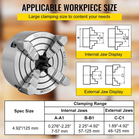 4 Jaw Lathe Chuck 125mm Independent Reversible Jaw For Metal Turning displays internal and external jaw diagrams