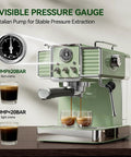 Top Notch Semi Automatic Espresso Maker With Built In Milk Steamer And 20 Bar Pressure, featuring visible pressure gauge and two espresso shots.