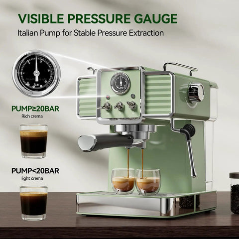 Top Notch Semi Automatic Espresso Maker With Built In Milk Steamer And 20 Bar Pressure, featuring visible pressure gauge and two espresso shots.