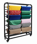 Straight Up Heavy Duty 16 Rods Fabric Roll Storage Rack With Adjustable Hanging Bars Easy Glide Casters No Fuss Vinyl Holder On Wheels, displaying colorful fabric rolls