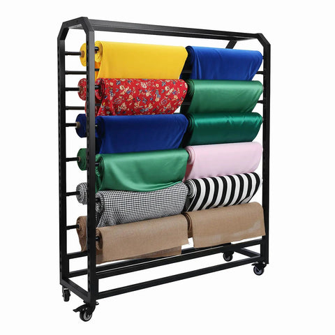 Straight Up Heavy Duty 16 Rods Fabric Roll Storage Rack With Adjustable Hanging Bars Easy Glide Casters No Fuss Vinyl Holder On Wheels, displaying colorful fabric rolls