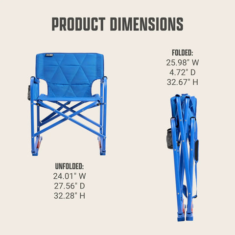 Pro Rocker Chair With Zero G Rocking, Quick Fold Camping Chair, 250 Lb Capacity, Padded Angled Armrests, Leaf Spring Balance, dimensions